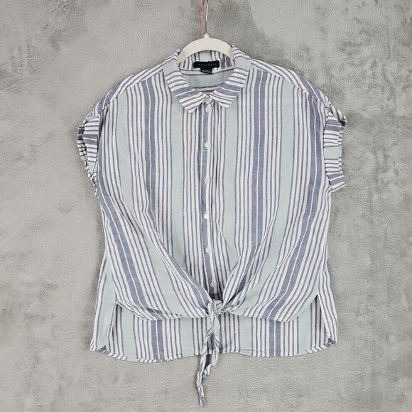 Sanctuary Shirt Womens Size L Linen Blend Oversized Tie Front Blue Mint Striped - Picture 1 of 8